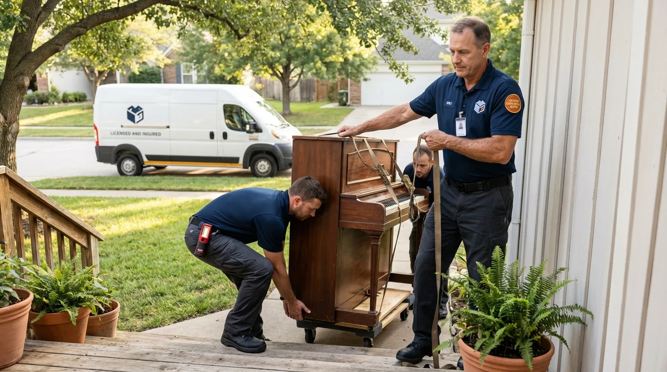 Licensed piano movers securing grand piano in Savanna, IL