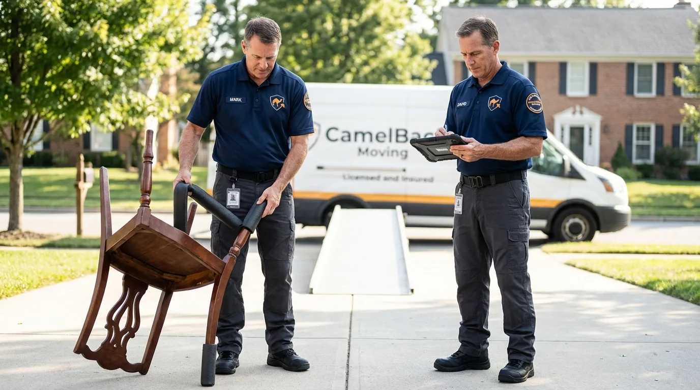 Movers inspecting furniture for damage prevention before loading in Savanna, IL