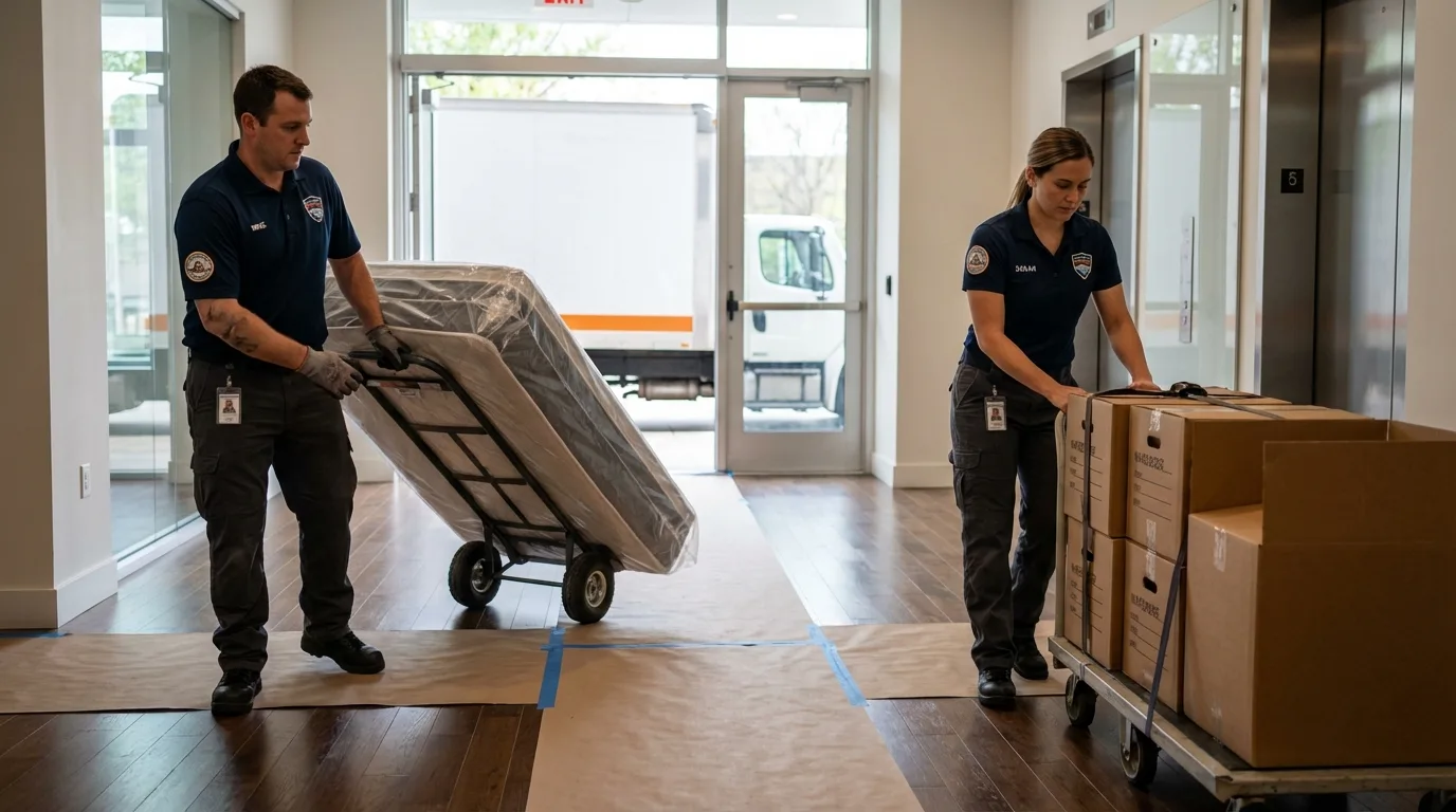 Professional apartment movers loading elevator in Savanna, IL